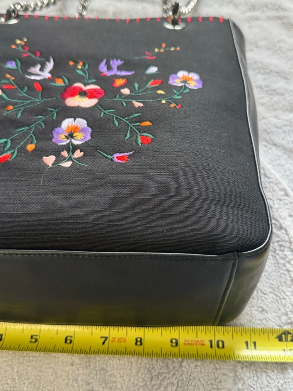 Lucy Pereda Black Embroidered Floral Birds Tote Shoulder Bag Chain Strap‎ Boho